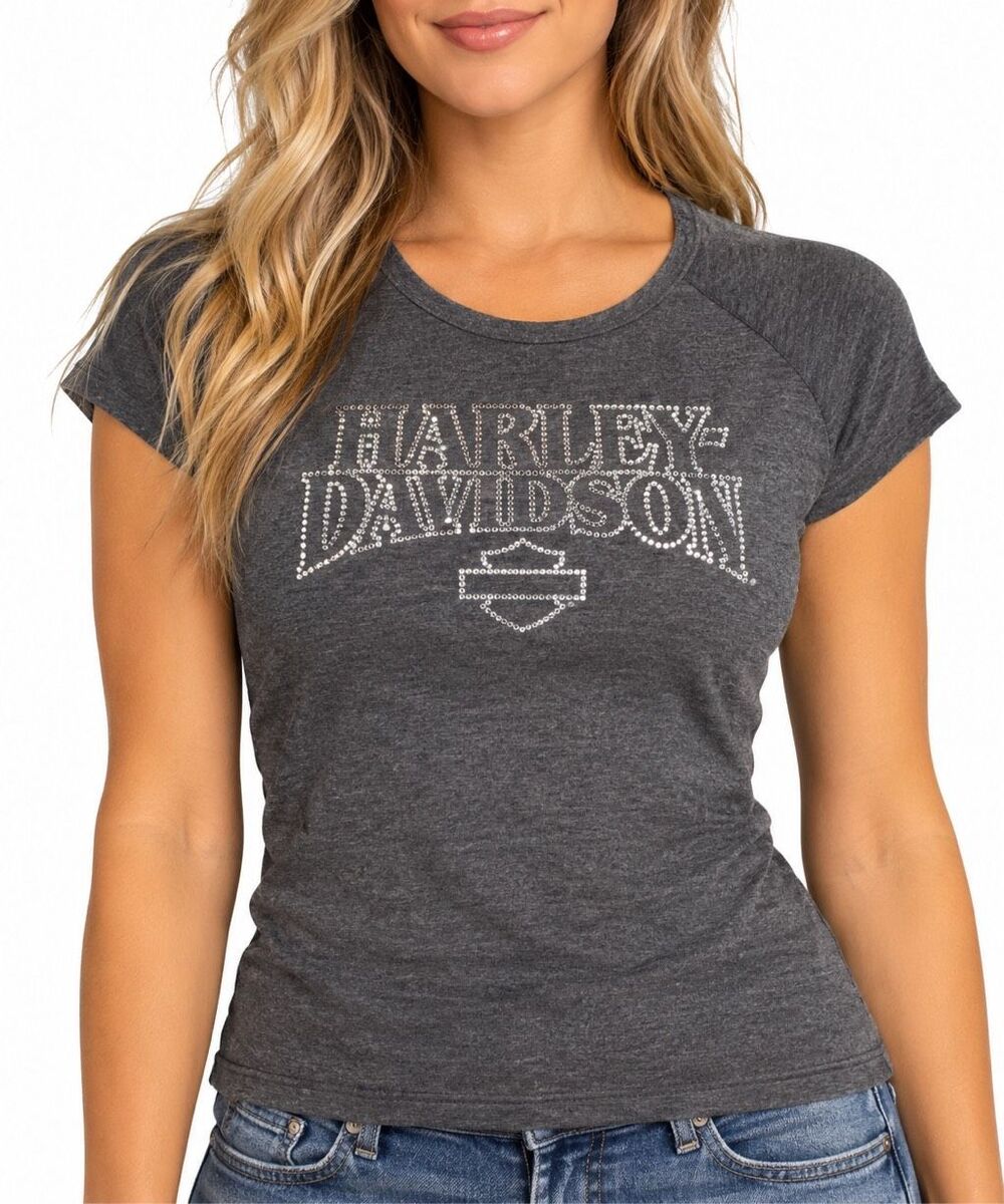 Harley Davidson Women’s Grey Vintage Rhinestone Logo Graphic T-Shirt Size Small